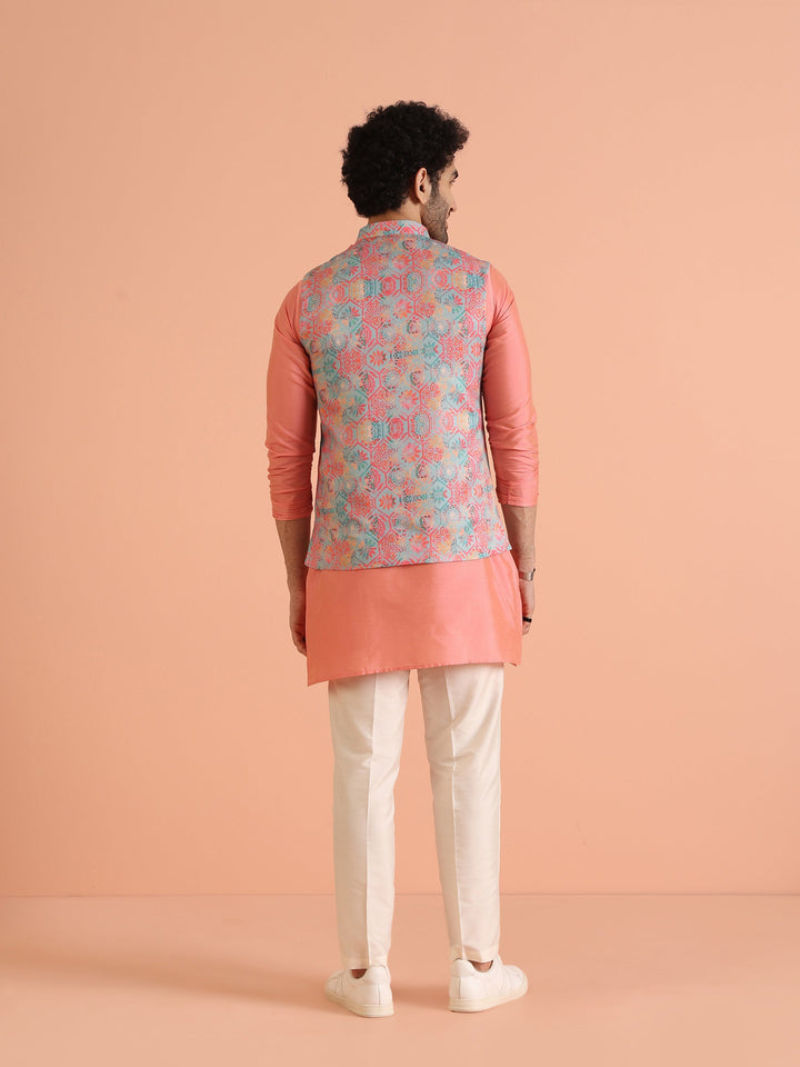 Multicolor Printed Silk Blend Nehru Jacket | SHOBITAM