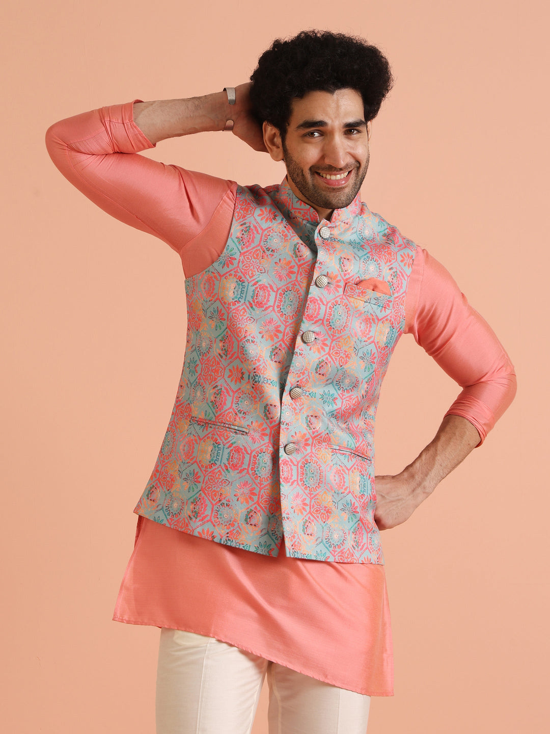 Multicolor Printed Silk Blend Nehru Jacket | SHOBITAM