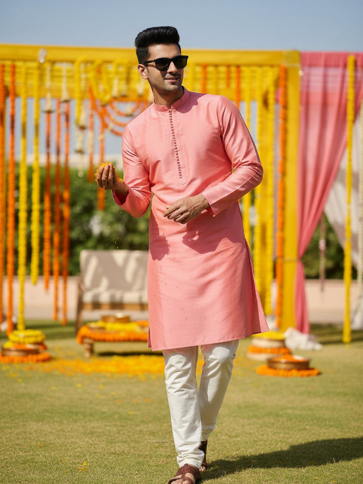 Pink Cotton Blend Solid Kurta with Cream Trouser | SHOBITAM
