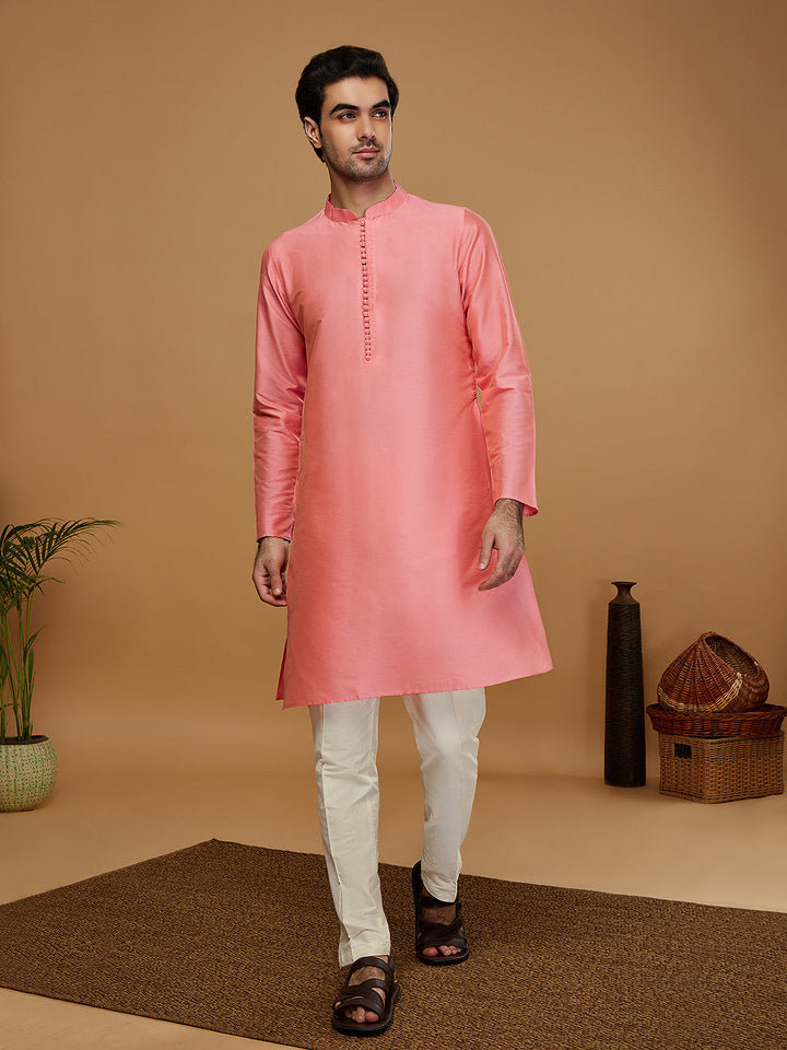 Pink Cotton Blend Solid Kurta with Cream Trouser | SHOBITAM