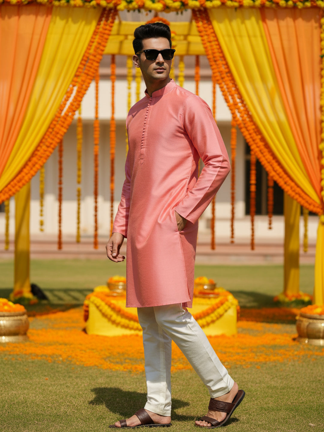 Pink Cotton Blend Solid Kurta with Cream Trouser | SHOBITAM