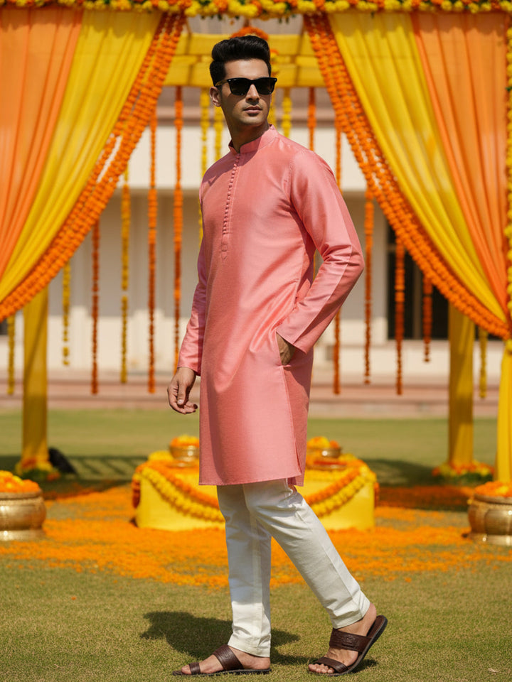 Pink Cotton Blend Solid Kurta with Cream Trouser | SHOBITAM