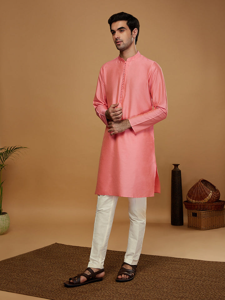 Pink Cotton Blend Solid Kurta with Cream Trouser | SHOBITAM
