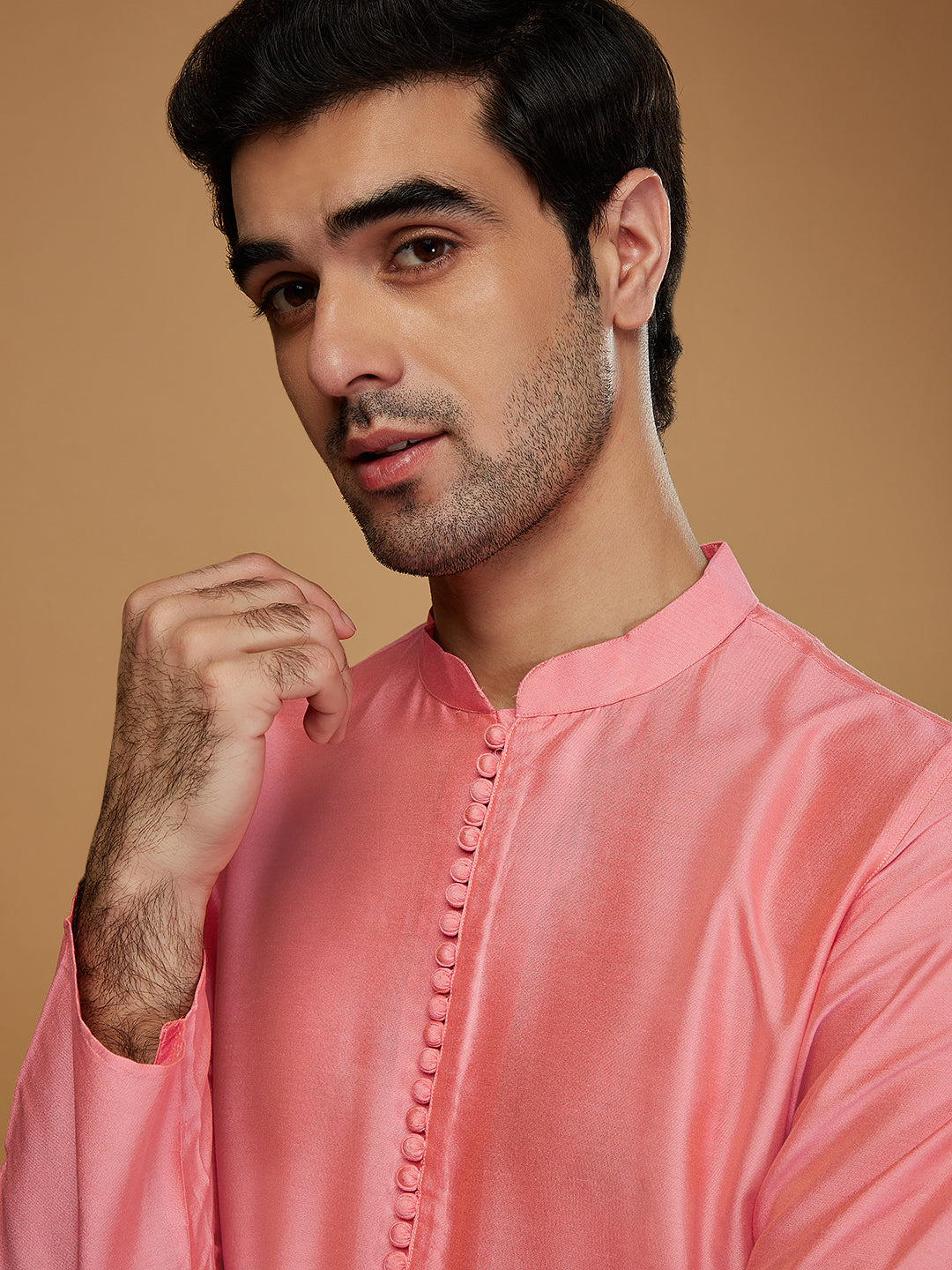 Pink Cotton Blend Solid Kurta with Cream Trouser | SHOBITAM