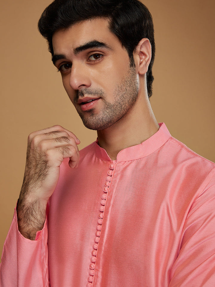 Pink Cotton Blend Solid Kurta with Cream Trouser | SHOBITAM