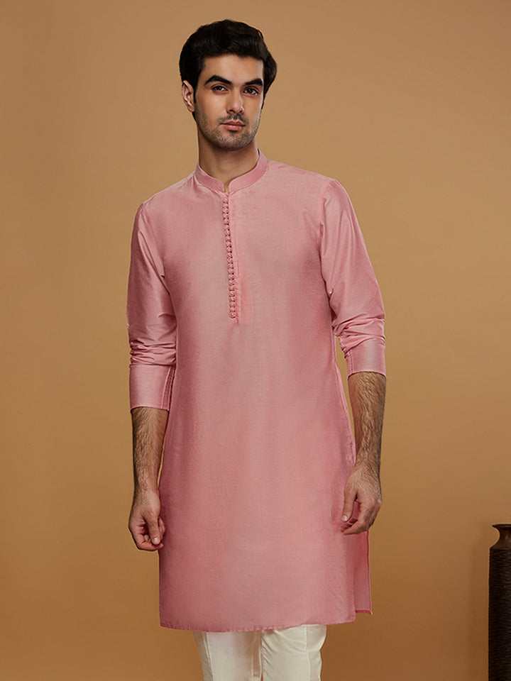 Pink Cotton Silk Solid Mid Kurta | SHOBITAM