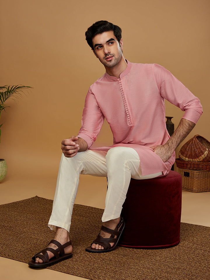 Pink Cotton Silk Solid Mid Kurta | SHOBITAM