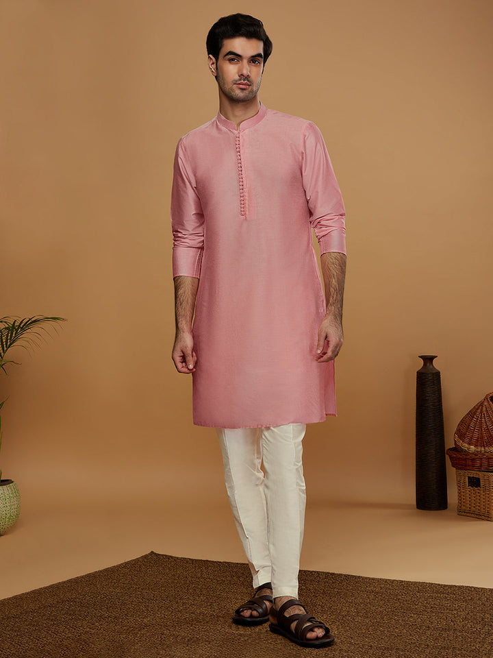 Pink Silk Blend Kurta Set with White Trouser Elegant Festive & Wedding Outfit | SHOBITAM