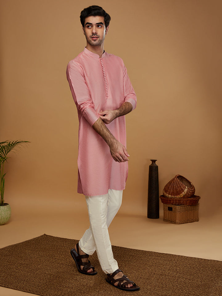 Pink Silk Blend Kurta Set with White Trouser Elegant Festive & Wedding Outfit | SHOBITAM