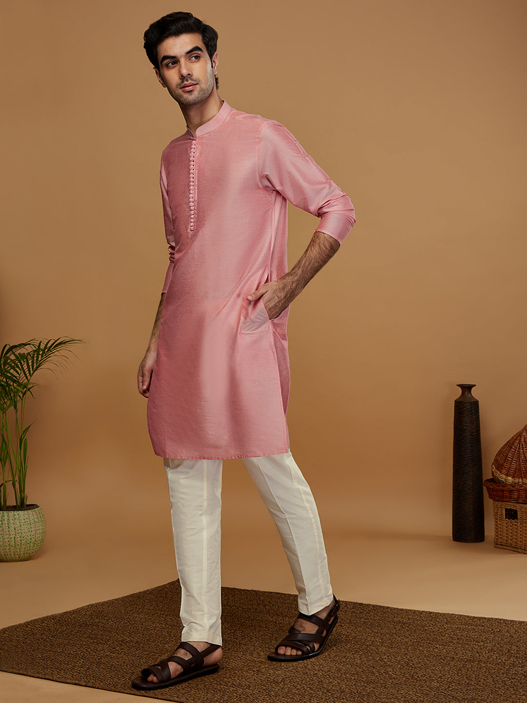 Pink Silk Blend Kurta Set with White Trouser Elegant Festive & Wedding Outfit | SHOBITAM
