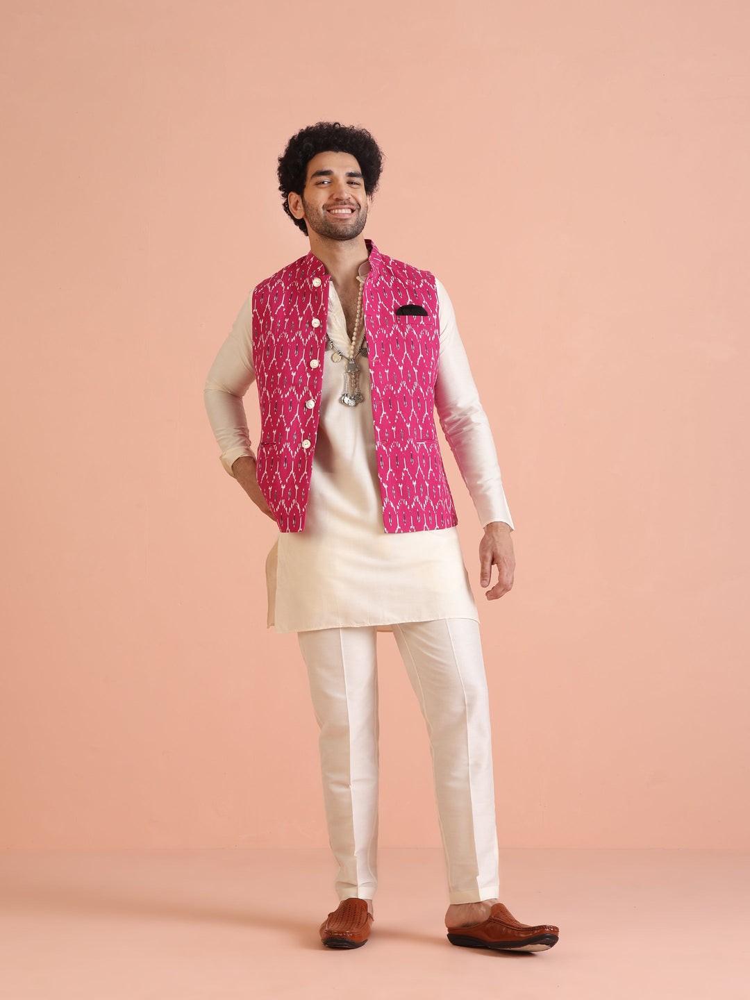 Pink Cotton Silk Ikat Printed Nehru Jacket | SHOBITAM