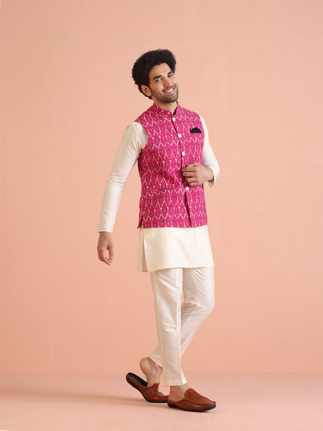 Pink Cotton Silk Ikat Printed Nehru Jacket | SHOBITAM
