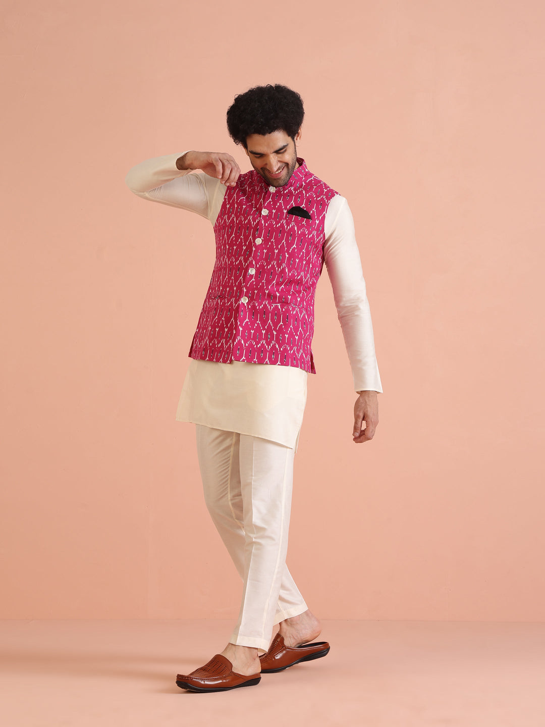 Pink Cotton Silk Ikat Printed Nehru Jacket | SHOBITAM