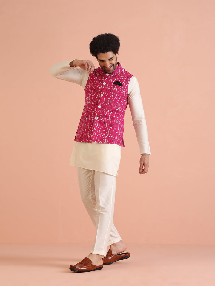 Pink Cotton Silk Ikat Printed Nehru Jacket | SHOBITAM