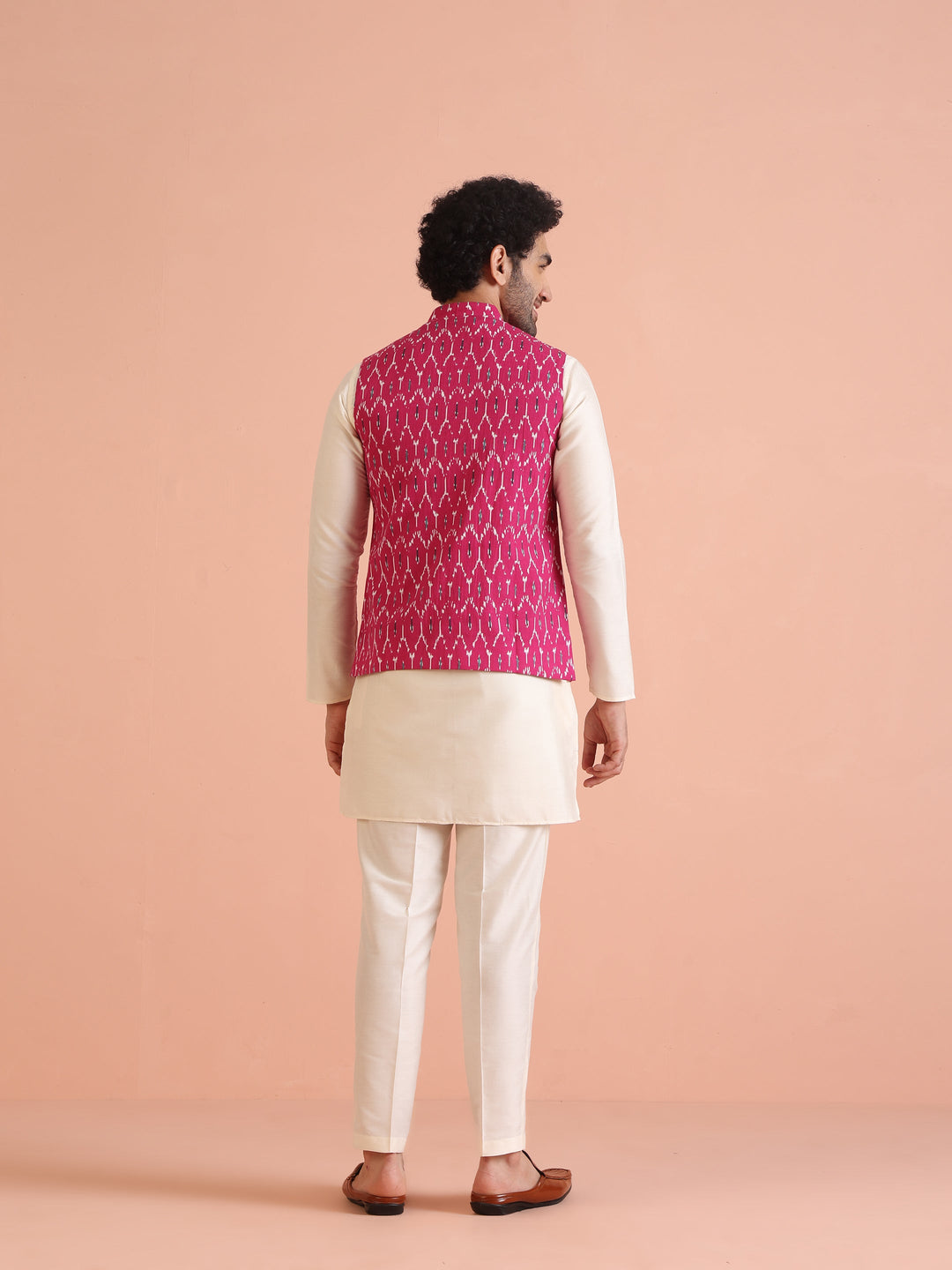 Pink Cotton Silk Ikat Printed Nehru Jacket | SHOBITAM