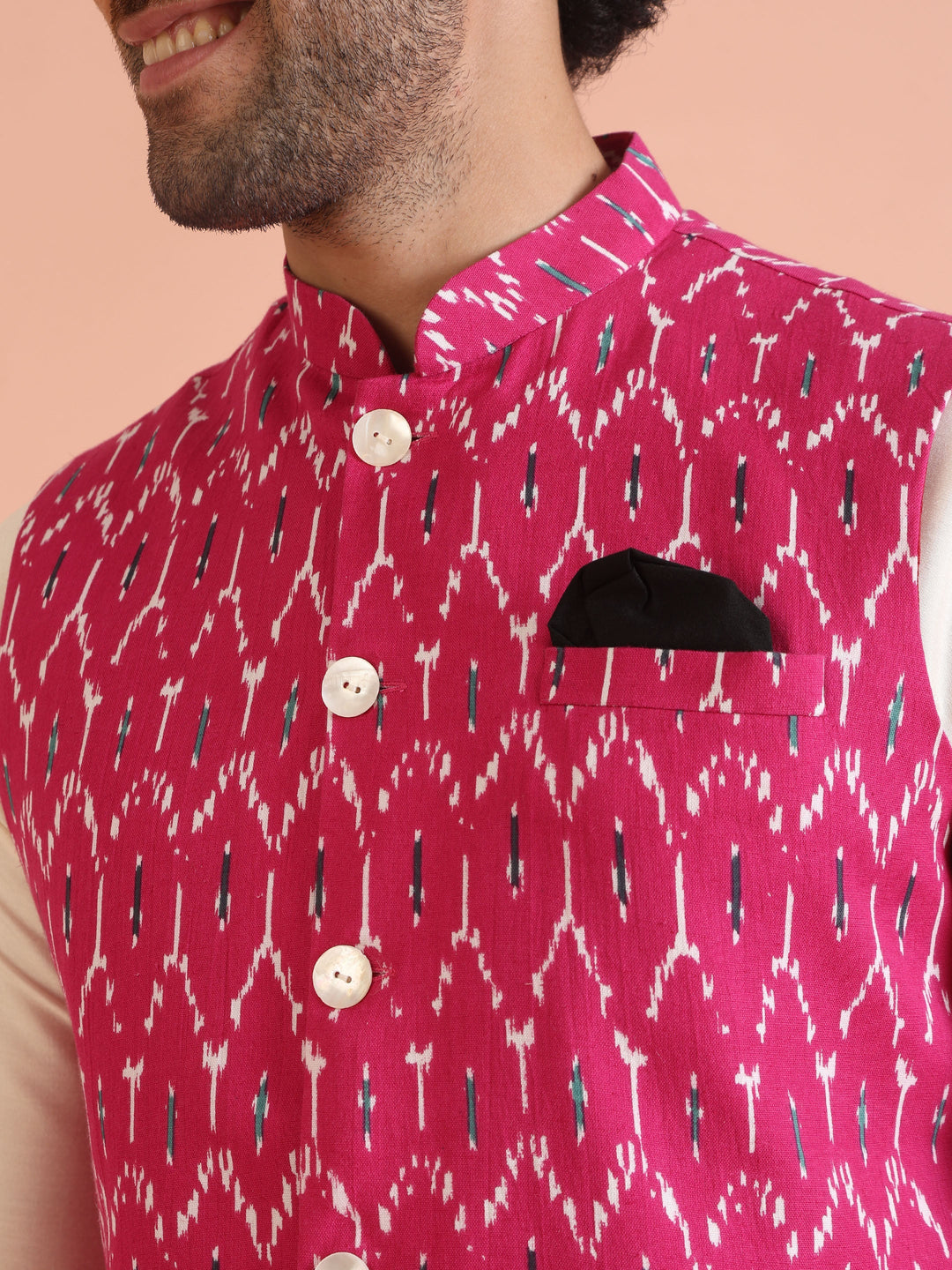 Pink Cotton Silk Ikat Printed Nehru Jacket | SHOBITAM