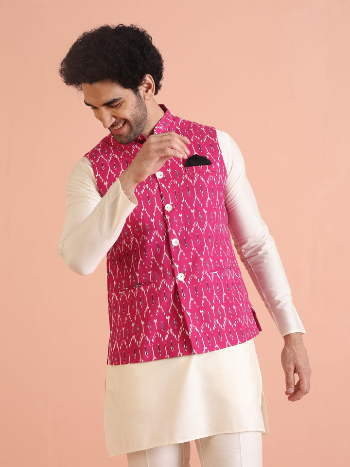 Pink Cotton Silk Ikat Printed Nehru Jacket | SHOBITAM
