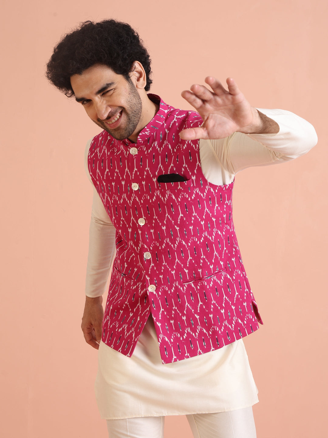 Pink Cotton Silk Ikat Printed Nehru Jacket | SHOBITAM