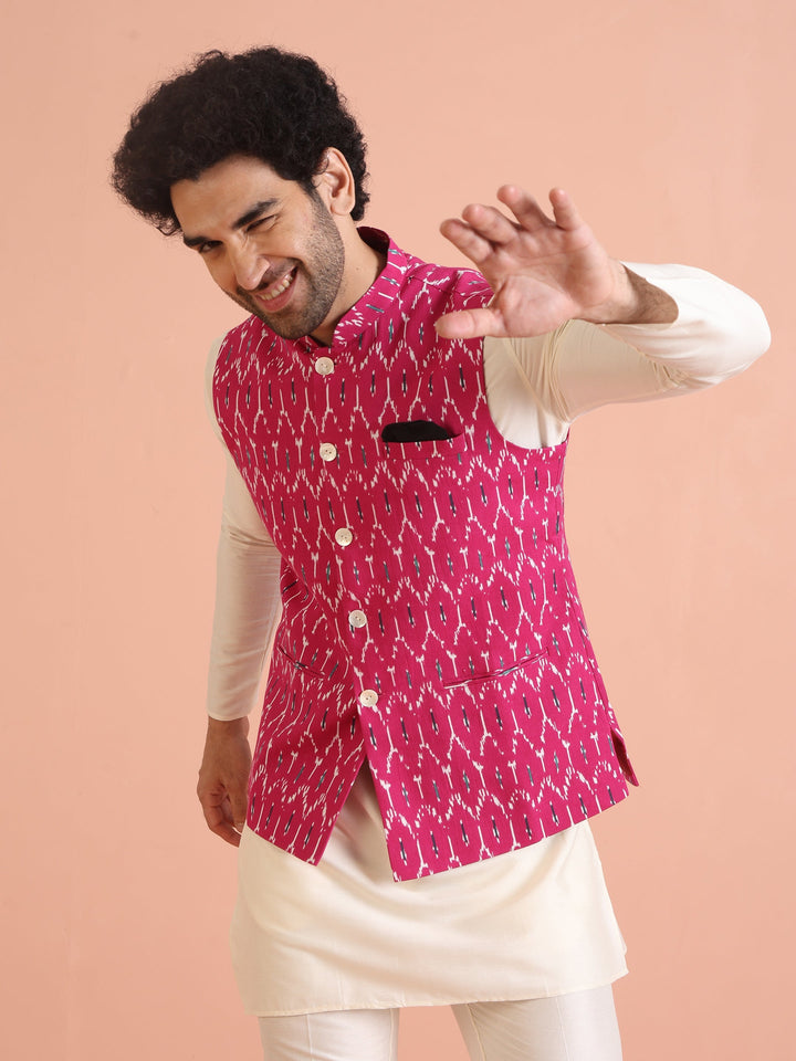 Pink Cotton Silk Ikat Printed Nehru Jacket | SHOBITAM