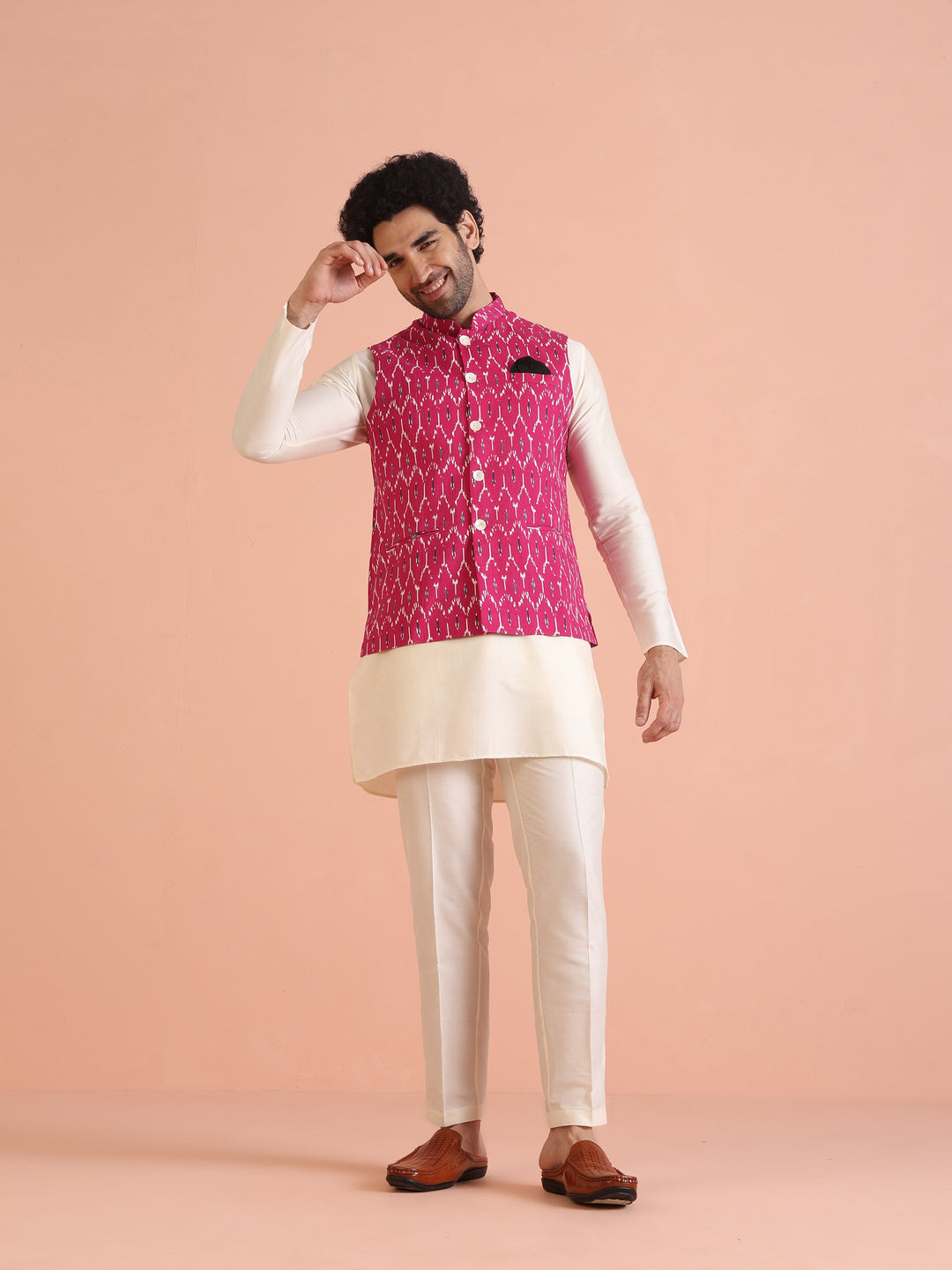 Pink Cotton Silk Ikat Printed Nehru Jacket | SHOBITAM