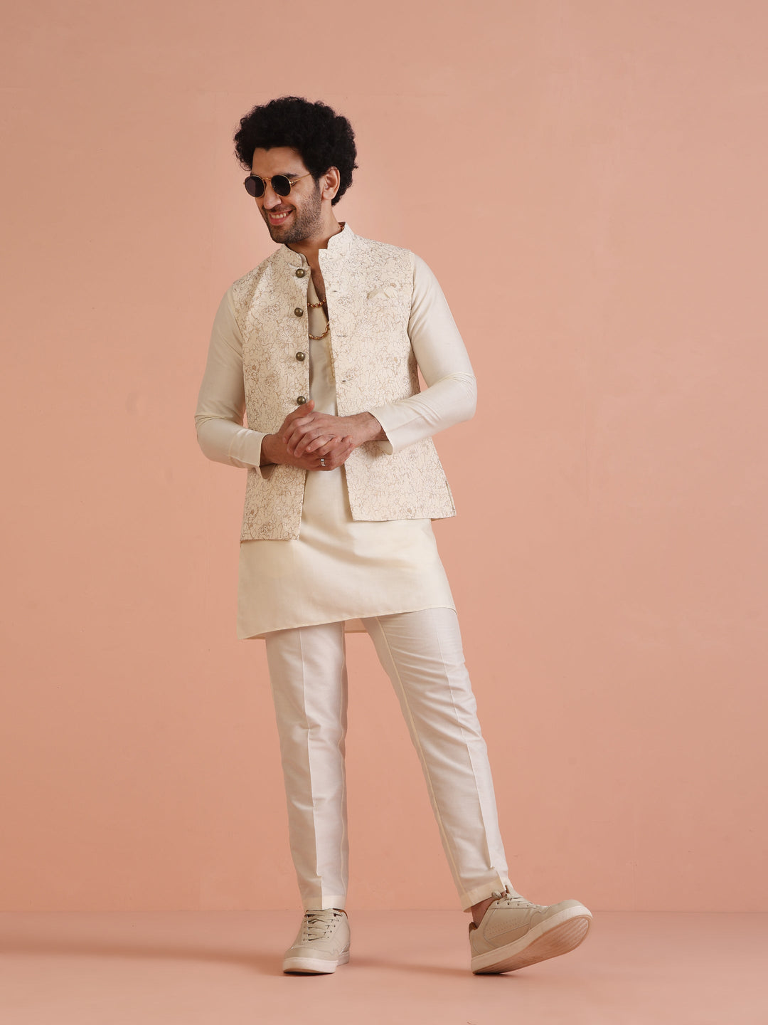 Cream Golden Floral Nehru Jacket | SHOBITAM