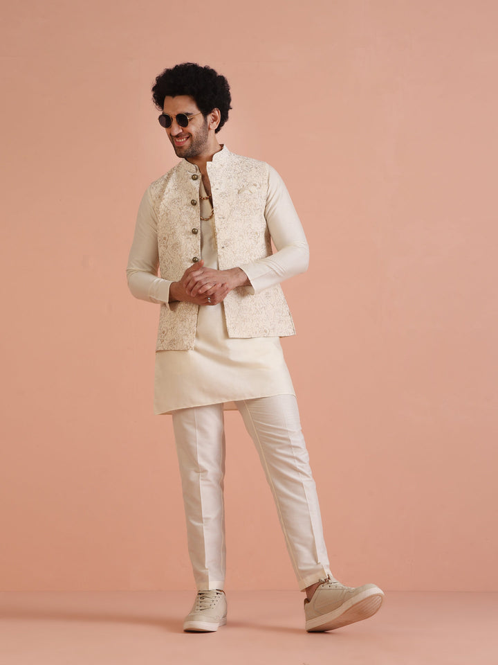 Cream Golden Floral Nehru Jacket | SHOBITAM