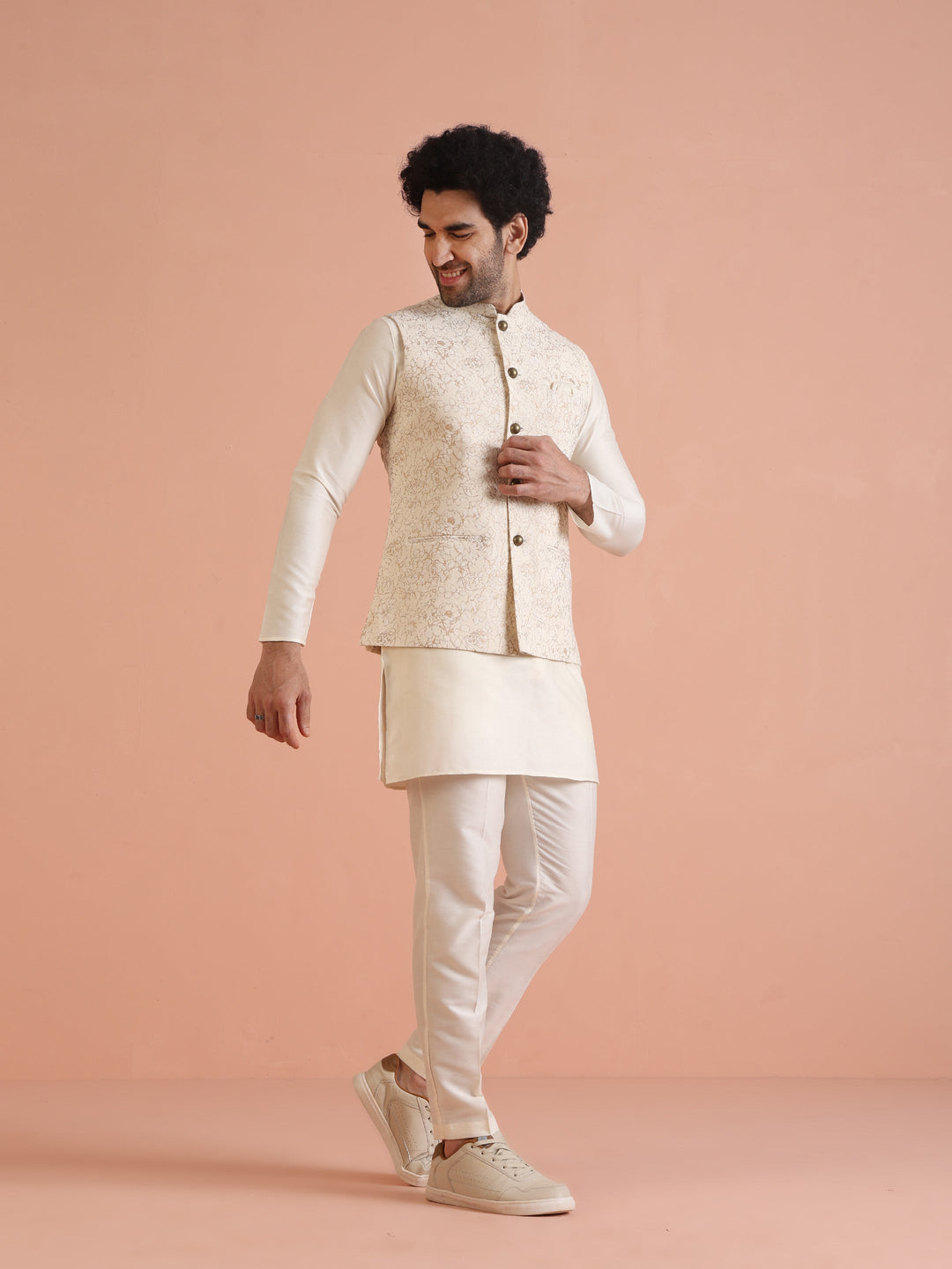 Cream Golden Floral Nehru Jacket | SHOBITAM