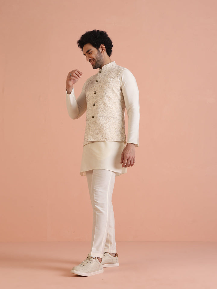 Cream Golden Floral Nehru Jacket | SHOBITAM