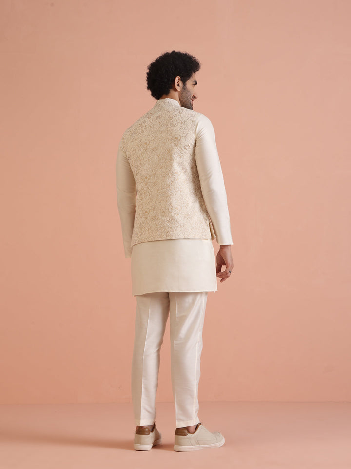 Cream Golden Floral Nehru Jacket | SHOBITAM