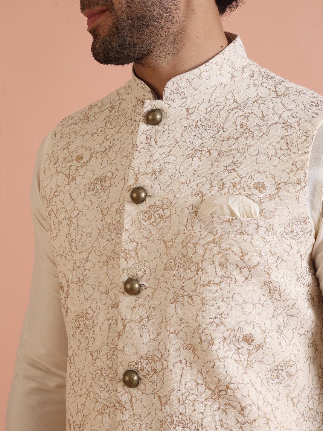 Cream Golden Floral Nehru Jacket | SHOBITAM