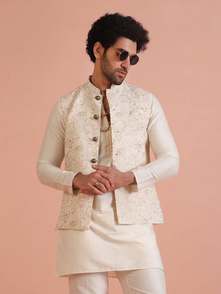 Cream Golden Floral Nehru Jacket | SHOBITAM