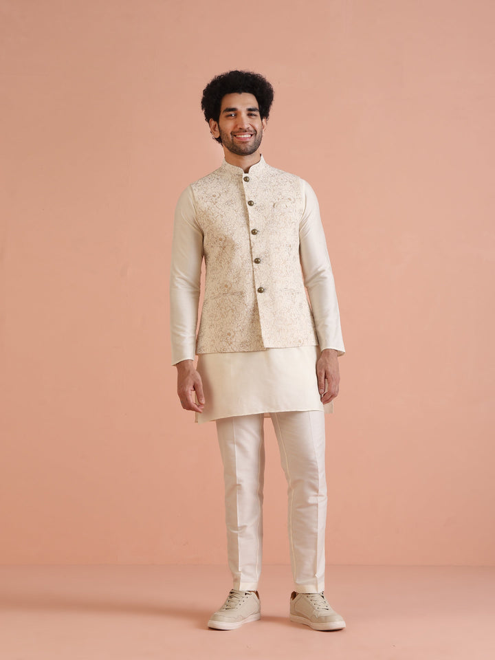 Cream Golden Floral Nehru Jacket | SHOBITAM