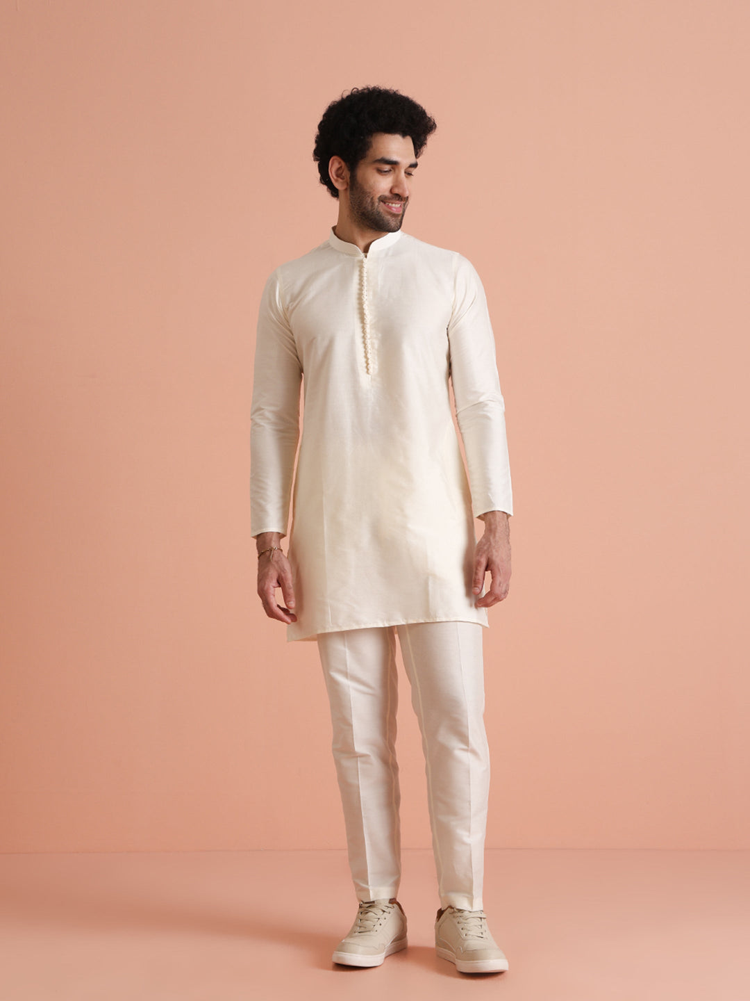 Cream Cotton Blend Solid Mid Kurta Trouser | SHOBITAM