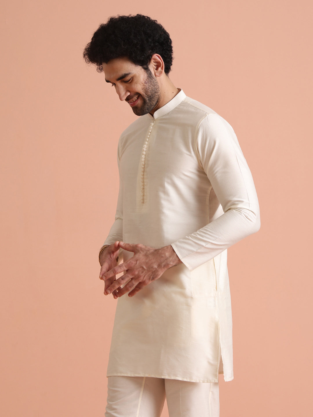 Cream Cotton Blend Solid Mid Kurta Trouser | SHOBITAM