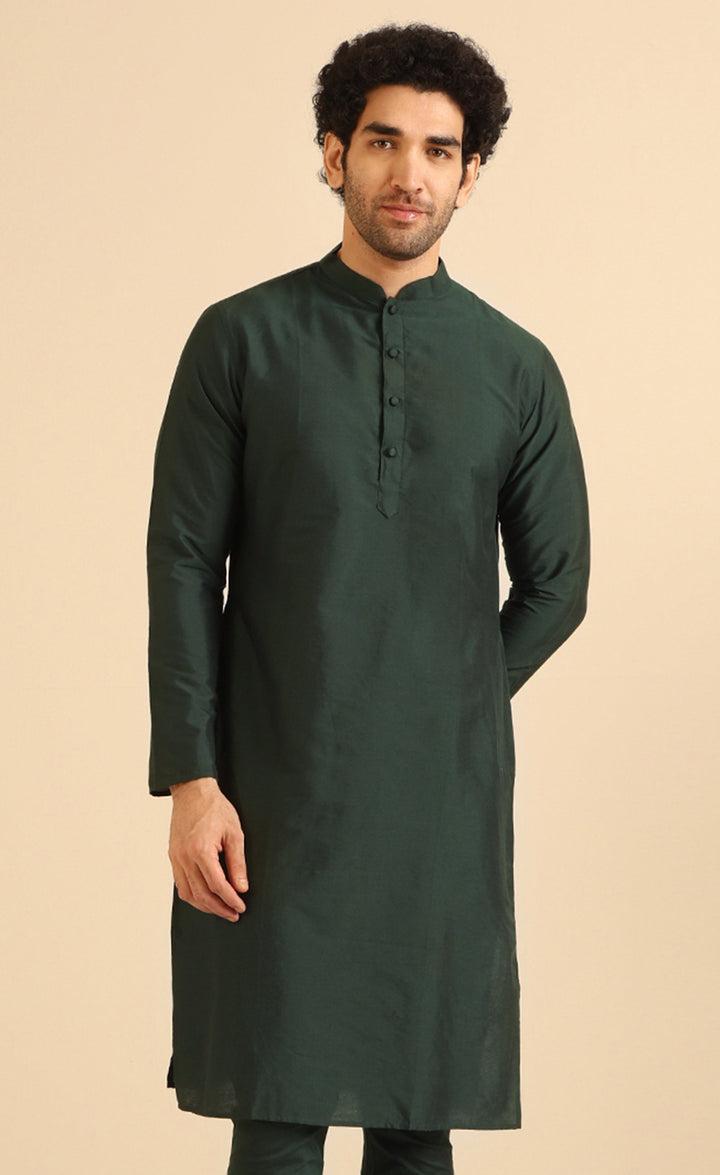 Green Silk Blend Solid Long Kurta | SHOBITAM