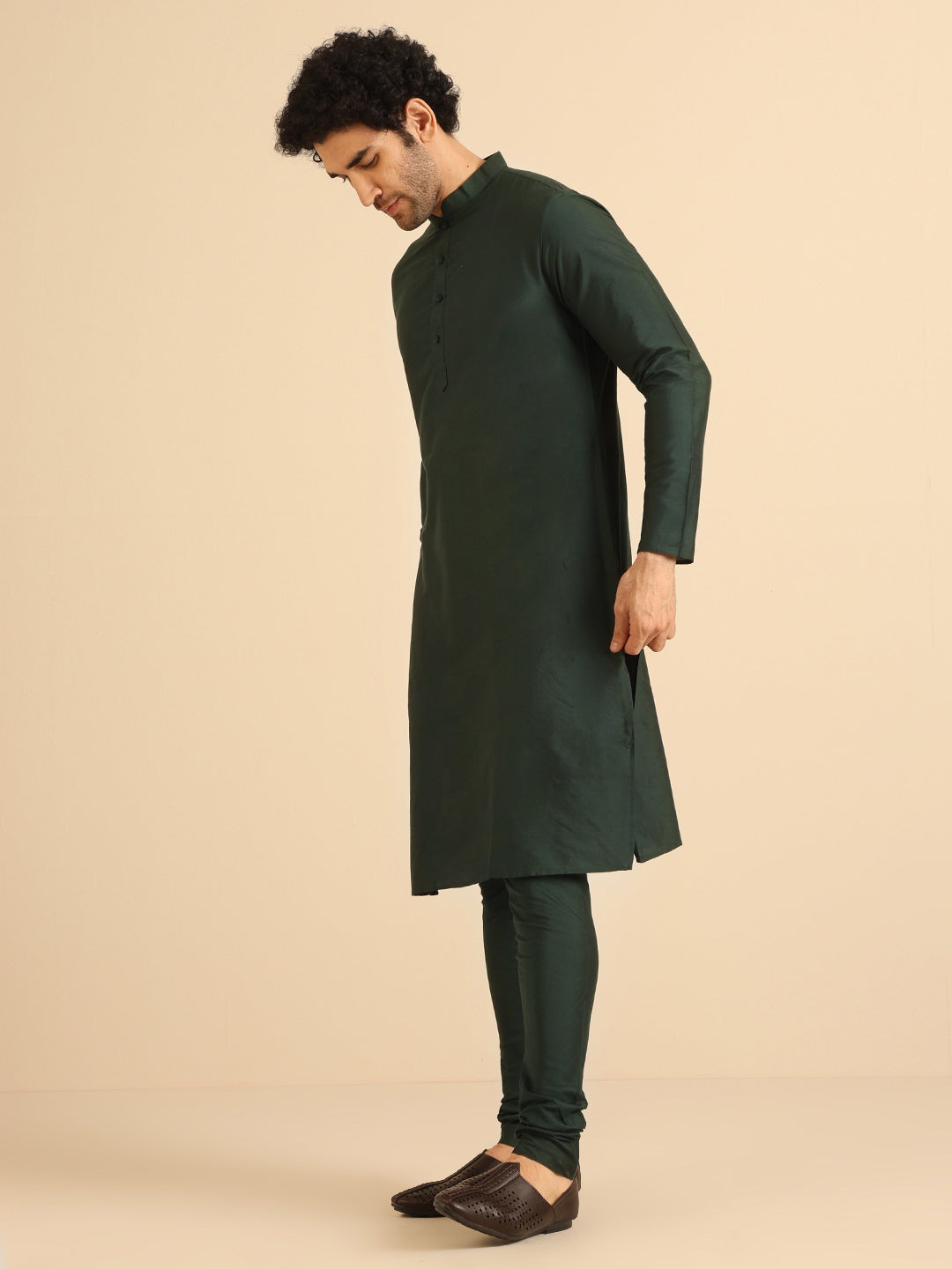 Green Silk Blend Solid Long Kurta | SHOBITAM