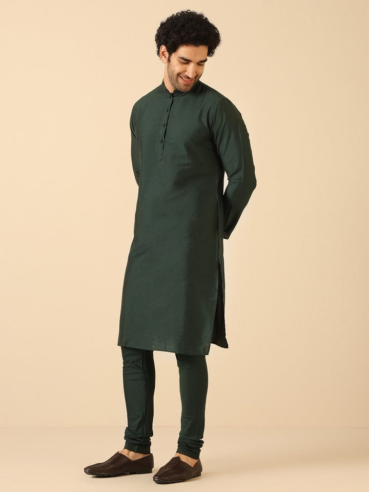 Dark Green Silk Blend Kurta with Churidar | SHOBITAM