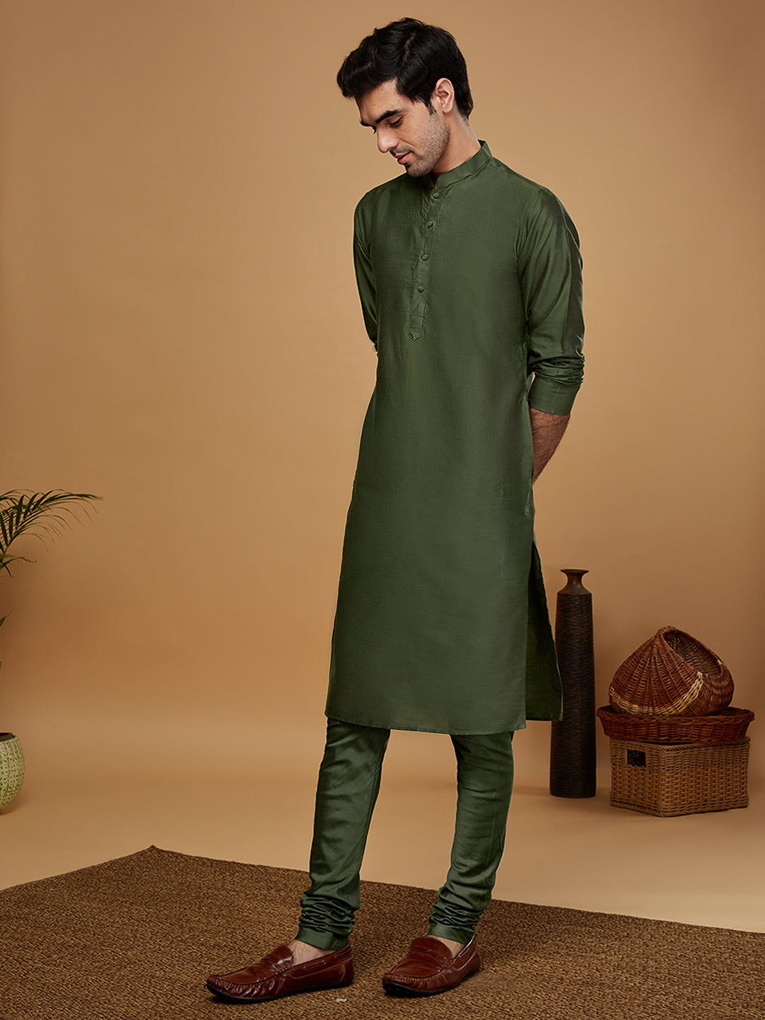 Green Silk Blend Solid Long Kurta | SHOBITAM