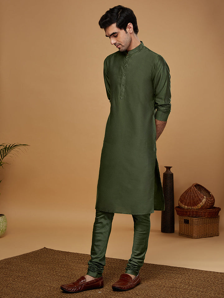 Green Silk Blend Solid Long Kurta | SHOBITAM