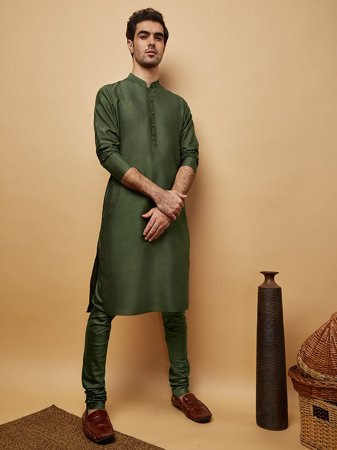 Green Silk Blend Solid Long Kurta | SHOBITAM