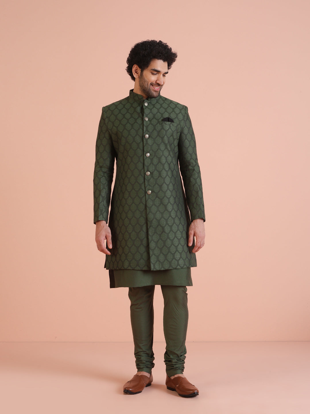 Green Cotton Silk Jacquard Sherwani Kurta Churidar Set | SHOBITAM
