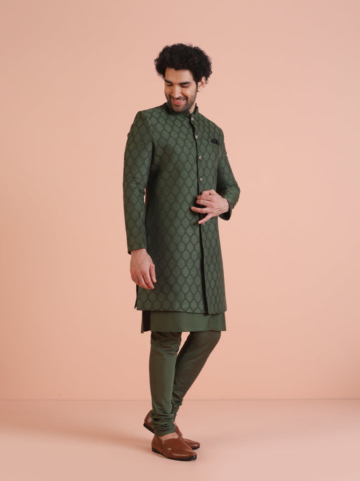 Green Cotton Silk Jacquard Sherwani Kurta Churidar Set | SHOBITAM