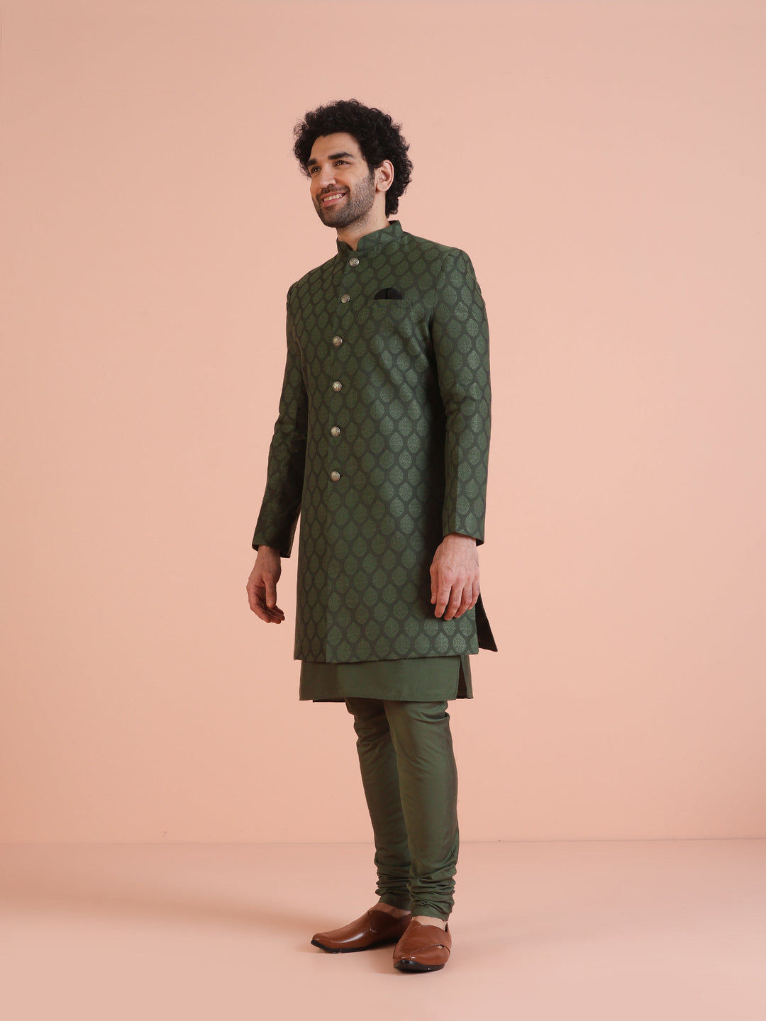 Green Cotton Silk Jacquard Sherwani Kurta Churidar Set | SHOBITAM