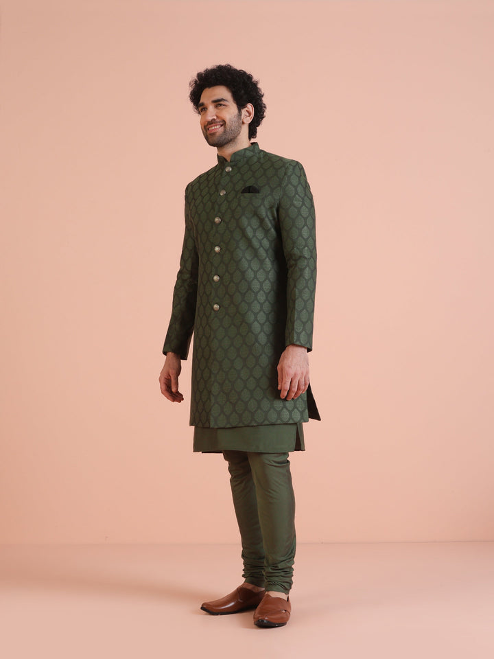 Green Cotton Silk Jacquard Sherwani Kurta Churidar Set | SHOBITAM