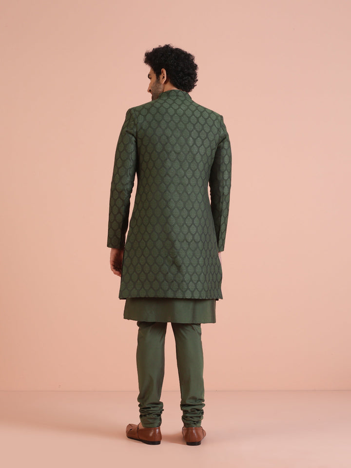Green Cotton Silk Jacquard Sherwani Kurta Churidar Set | SHOBITAM