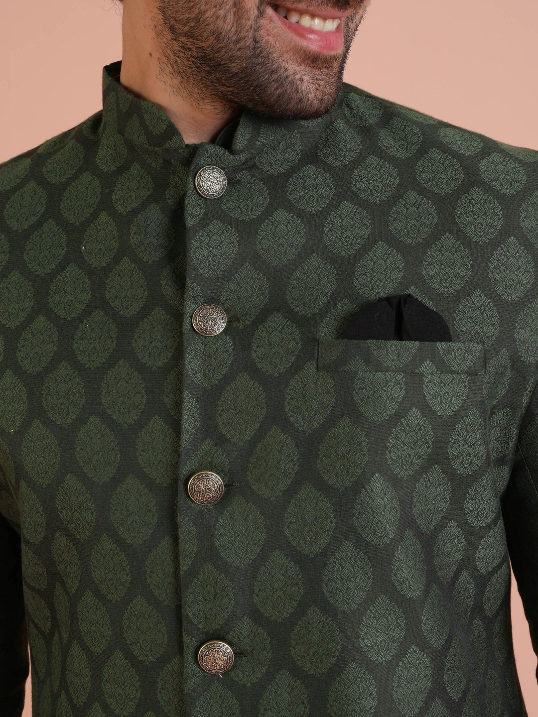 Green Cotton Silk Jacquard Sherwani Kurta Churidar Set | SHOBITAM