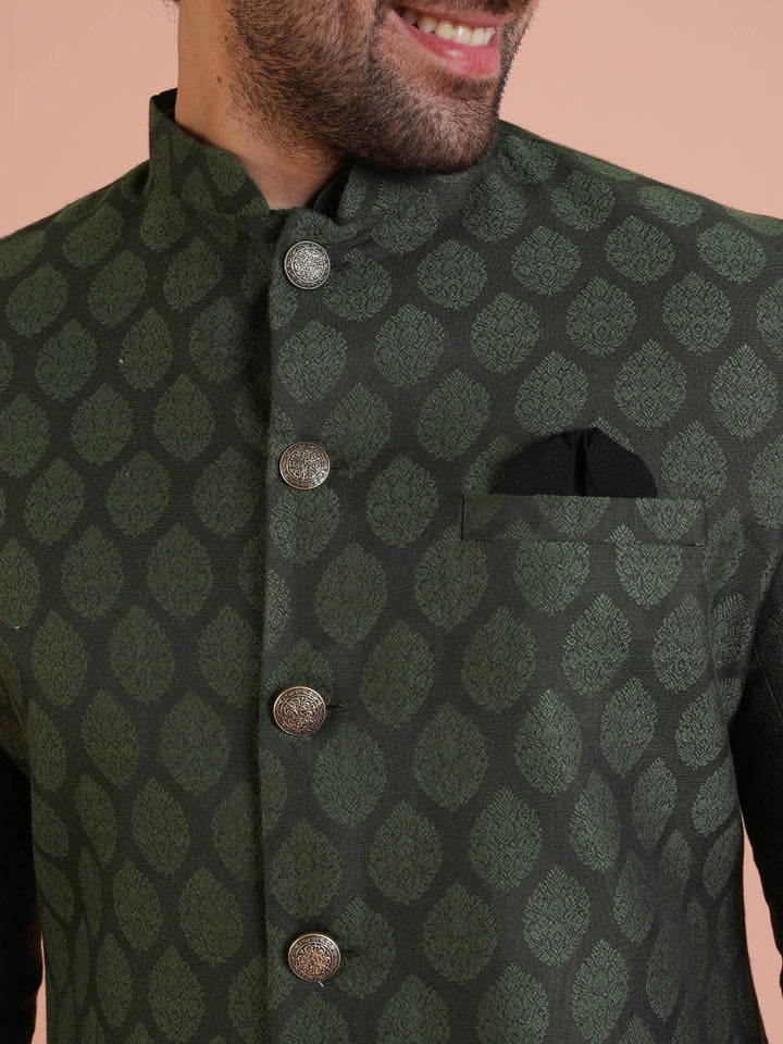 Green Cotton Silk Jacquard Sherwani Kurta Churidar Set | SHOBITAM