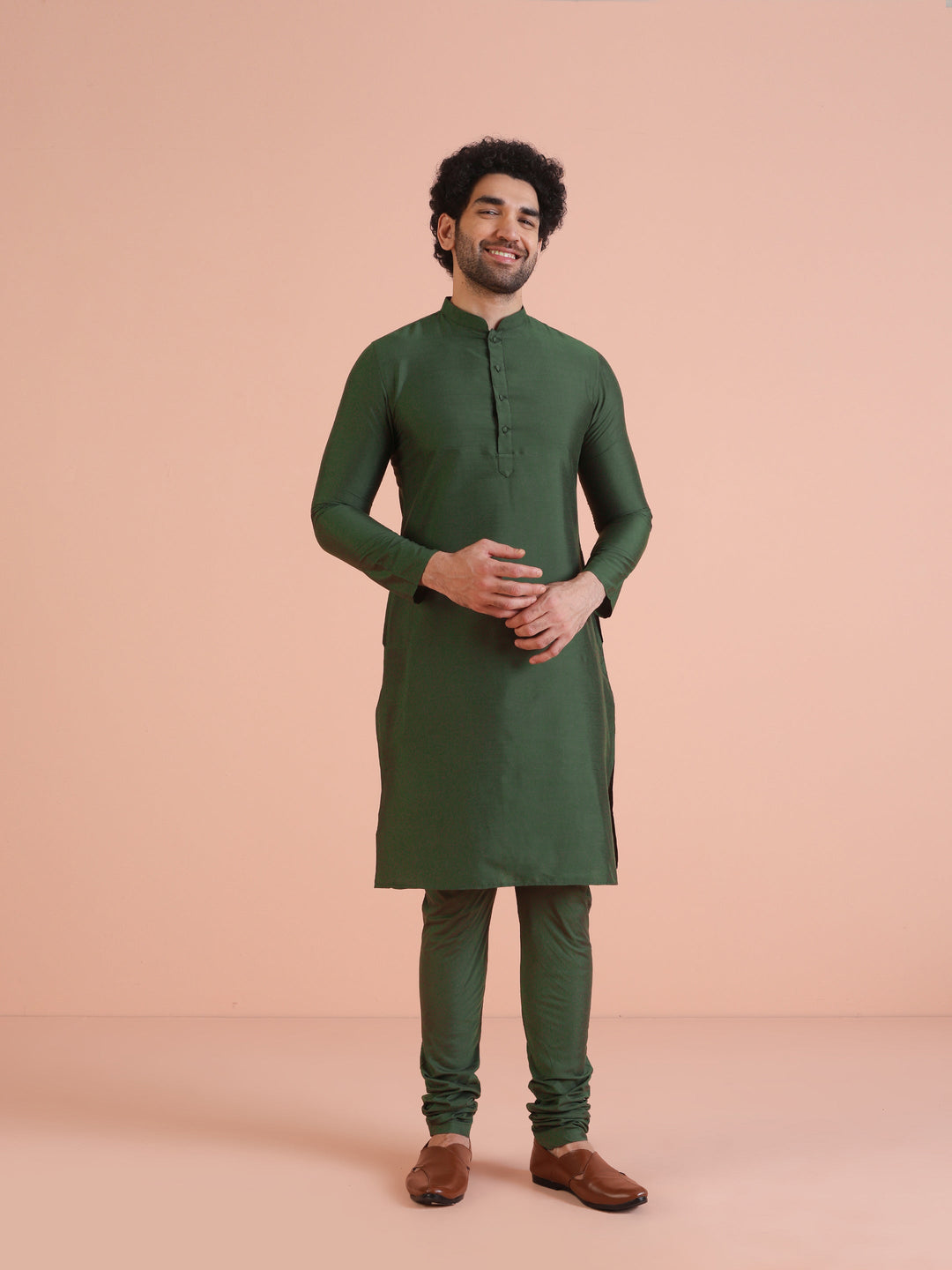 Green Cotton Silk Jacquard Sherwani Kurta Churidar Set | SHOBITAM