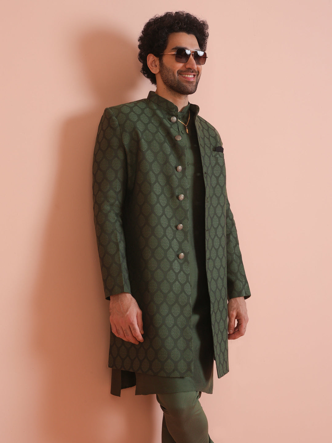 Green Cotton Silk Jacquard Sherwani Kurta Churidar Set | SHOBITAM