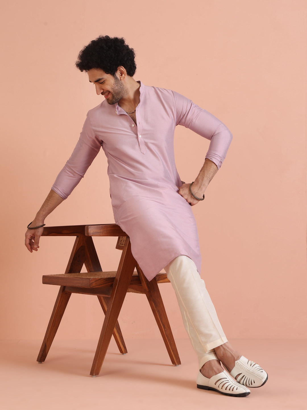 Light Pink Cotton Silk Plain Kurta | SHOBITAM